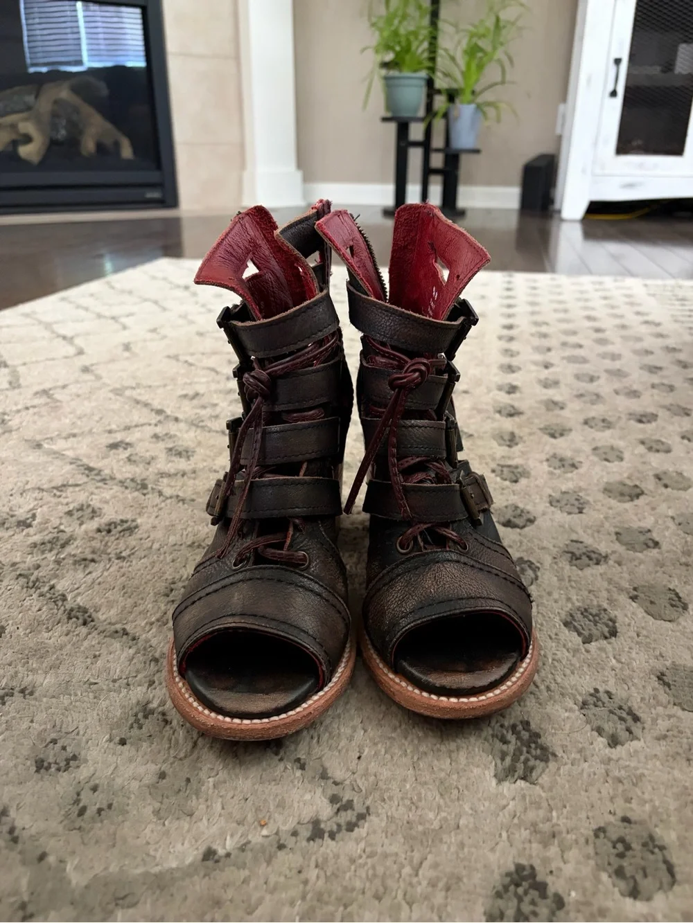 Freebird by Steven Black and Dark Red Open-Toe Lace-Up Ankle Booties